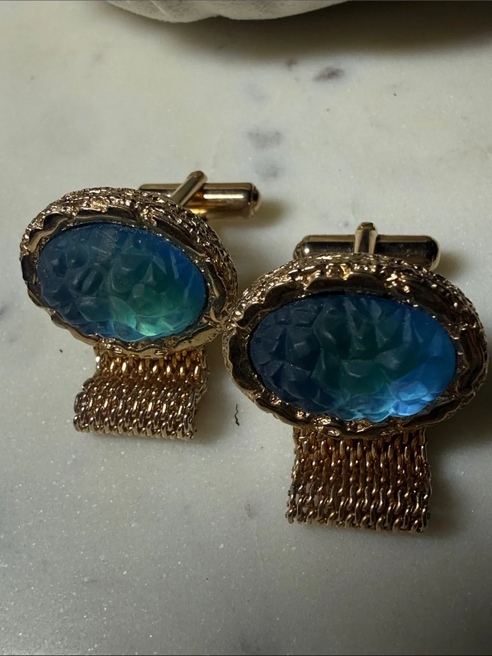 Gold-Tone Cufflinks with Blue-Green Faceted Inset